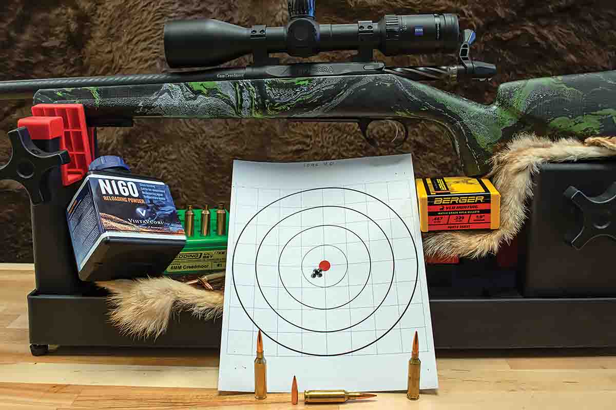 Using a 41.5-grain charge of Vihtavuori N-160 and the Berger 95-grain Classic Hunter, turned in this excellent group of .32 inch at 100 yards. This load proved to be consistent, shooting groups into the .3s several times.